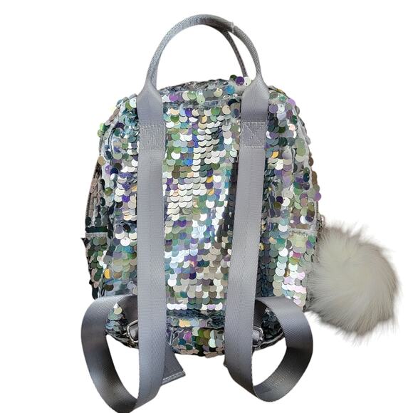 Justice Husky Mini Backpack Silver Sequin Plush Pom Pom Double Handle Gift Dog - Picture 6 of 9